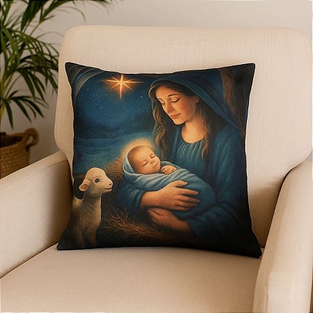 CAPA DE ALMOFADA LINHO MARIA COM JESUS NATAL AZUL 45x45CM