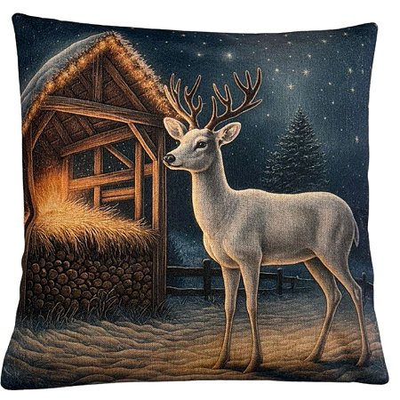 CAPA DE ALMOFADA LINHO PRESEPIO RENA NATAL AZUL 45x45CM