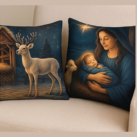 KIT 2 CAPAS ALMOFADAS LINHO 45X45CM PRESEPIO NATAL AZUL