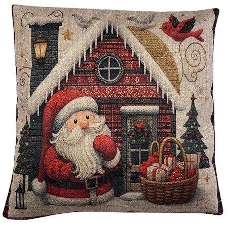 CAPA DE ALMOFADA LINHO CASA PAPAI NOEL NATAL VERMELHO 45x45