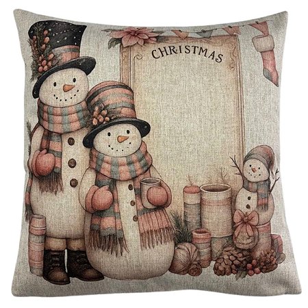CAPA DE ALMOFADA LINHO BONECOS DE NEVE NATAL ROSE 45x45CM