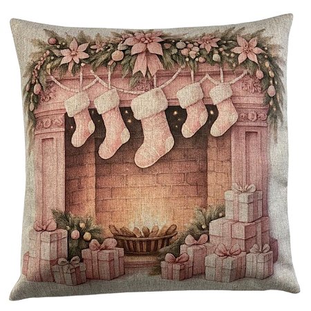 CAPA DE ALMOFADA LINHO MEIA LAREIRA NATAL ROSE 45x45 CM