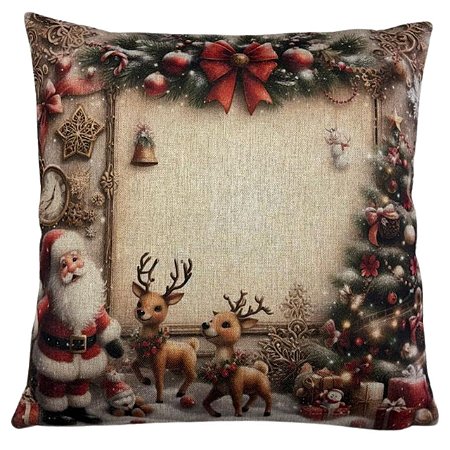 CAPA DE ALMOFADA LINHO PAPAI NOEL RENA NATAL VERMELHO 45x45