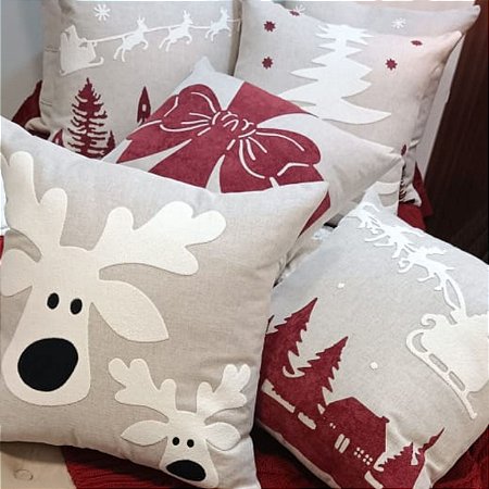 Kit 06 CAPAS DE ALMOFADA LINHO BOUCLE NATAL VERMELHO 50X50CM