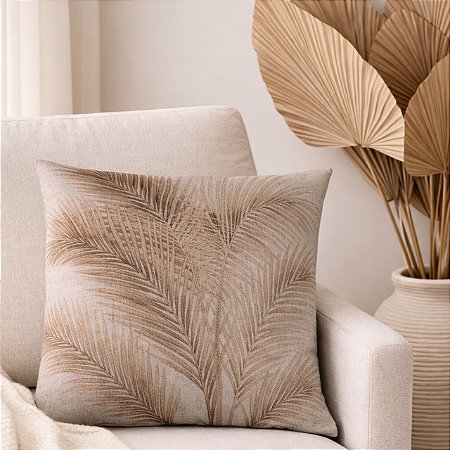 CAPA DE ALMOFADA LINHO FOLHAS RAMOS TERRACOTA 45X45CM