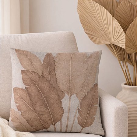 CAPA DE ALMOFADA LINHO FOLHAS RAMOS TERRACOTA 45X45CM