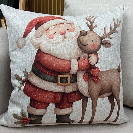 CAPA DE ALMOFADA LINHO PAPAI NOEL COM RENA NATAL 45x45CM