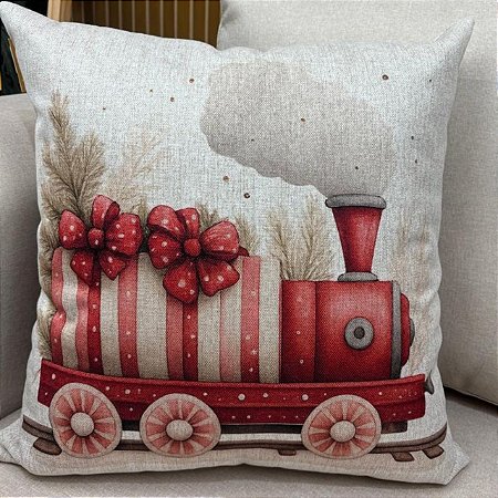 CAPA DE ALMOFADA LINHO TREM DE NATAL VERMELHO 45x45CM
