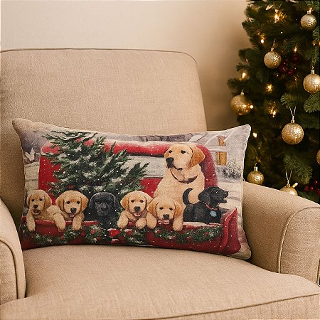 CAPA DE ALMOFADA RETANGULAR LINHO CACHORROS NATAL 30x50 CM