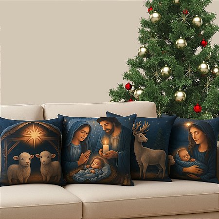 Kit 04 CAPAS ALMOFADA LINHO SAGRADA FAMILIA NATAL AZUL 45X45
