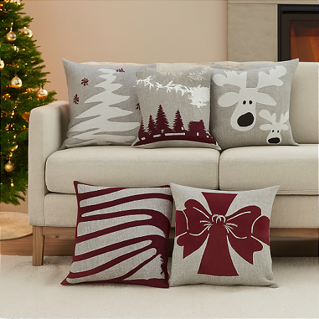 Kit 05 CAPAS DE ALMOFADA LINHO BOUCLE NATAL VERMELHO 45X45CM