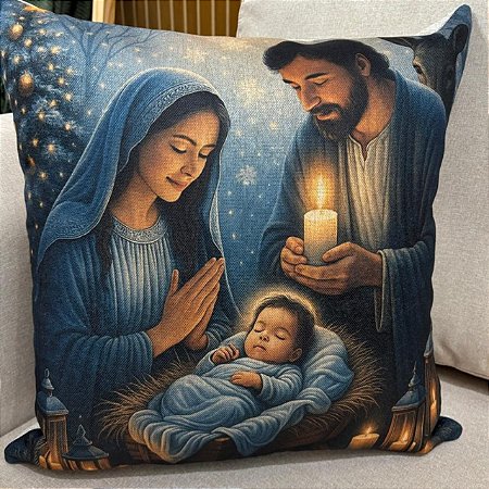 CAPA DE ALMOFADA LINHO SAGRADA FAMILIA NATAL AZUL 45x45 CM