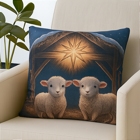 CAPA DE ALMOFADA LINHO PRESEPIO NATAL COM CORDEIRO AZUL 45x45CM