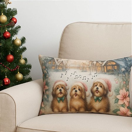 CAPA DE ALMOFADA RETANGULAR BAGUETE LINHO TRES CACHORRINHOS NATAL 30x50CM