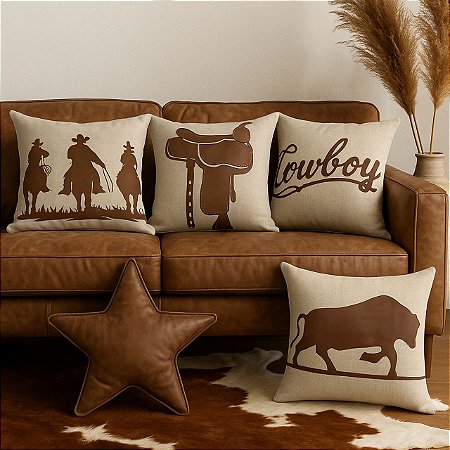 CAPA DE ALMOFADA EM LINHO COUNTRY APLIQUE EM COURO 50X50CM