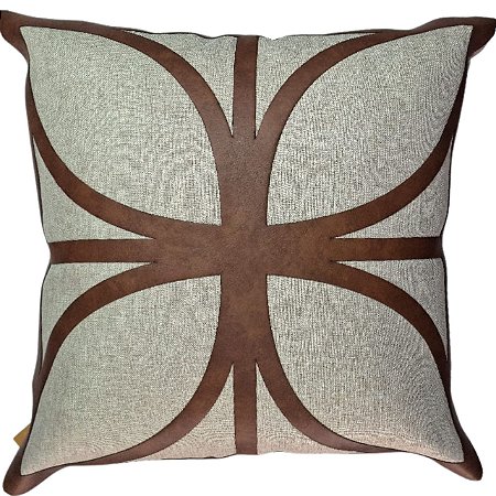 CAPA DE ALMOFADA LINHO COM APLICACAO COURO MARROM 45x45CM