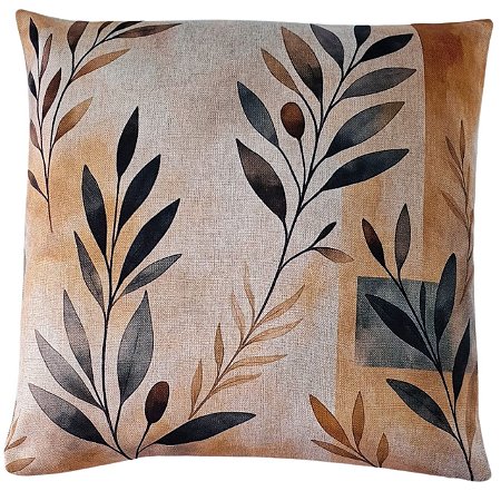 CAPA DE ALMOFADA LINHO FOLHAS RAMOS VERDE TERRACOTA 45X45CM