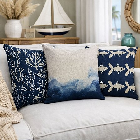 KIT 03 CAPAS DE ALMOFADA LINHO AZUL MAR PEIXE CORAL 45x45CM