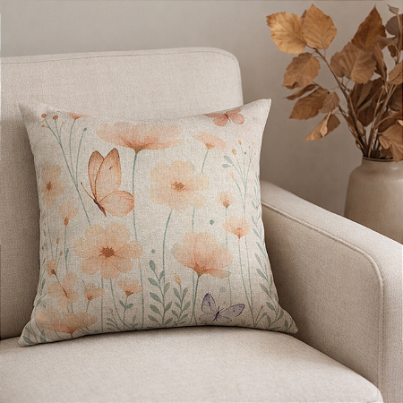 CAPA DE ALMOFADA LINHO FLORAL BORBOLETA ROXA 45X45 CM