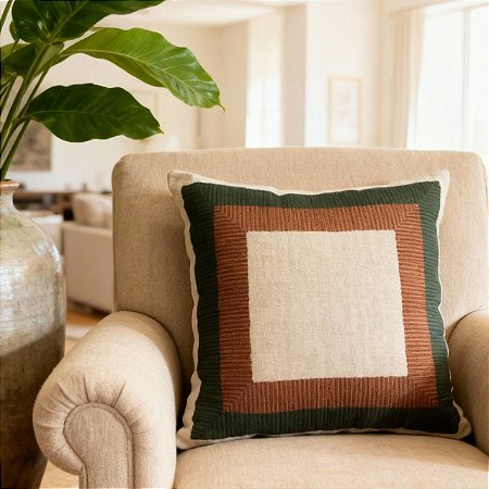 CAPA DE ALMOFADA LINHO ARABESCO VERDE TERRACOTA 45X45CM