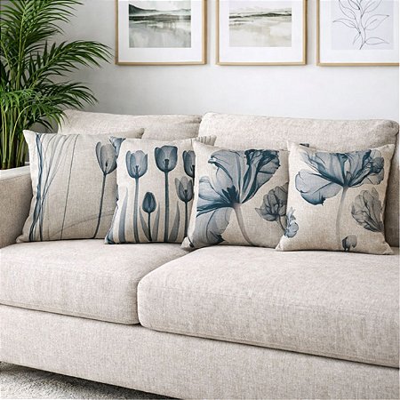 CAPA DE ALMOFADA LINHO ESTAMPADA TULIPA FLORAL AZUL 45X45CM