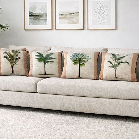 CAPA DE ALMOFADA LINHO PALMEIRA VERDE MOLDURA MARROM 45X45CM