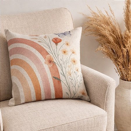 CAPA DE ALMOFADA LINHO FLORAL BORBOLETA ROSE E ROXA 45X45 CM