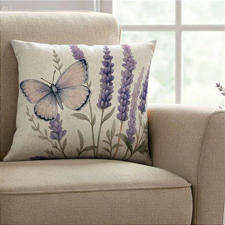 CAPA DE ALMOFADA LINHO FLORAL BORBOLETA LAVANDA 45X45 CM