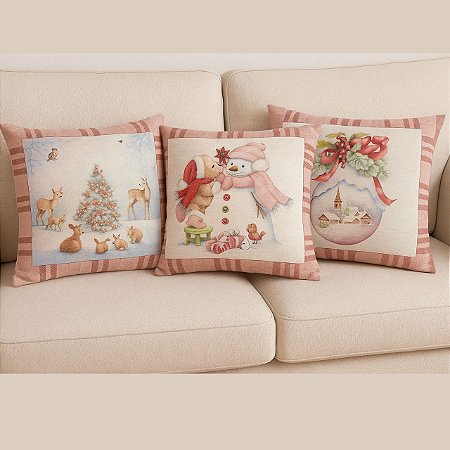 Kit 03 CAPAS DE ALMOFADA LINHO TEMAS DE NATAL ROSE 45x45
