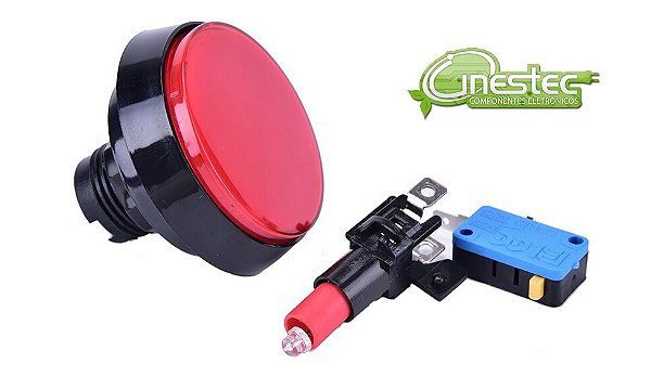 CHAVE BOTAO ARCADE ILUMINACAO 60mm VERMELHO 12V  COM MICROSWITCH 2T 6A