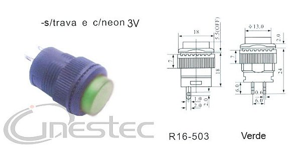 CHAVE PUSH BOTON GRANDE SEM TRAVA COM NEON VERDE R16 503BD