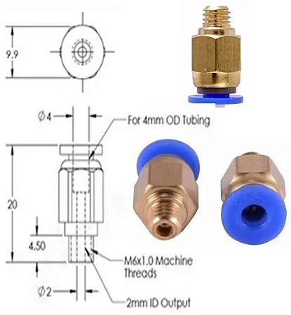 CONECTOR ENGATE RAPIDO PC4-M6 PARA TUBO DE 4MM, 3D, PNEUMATICO