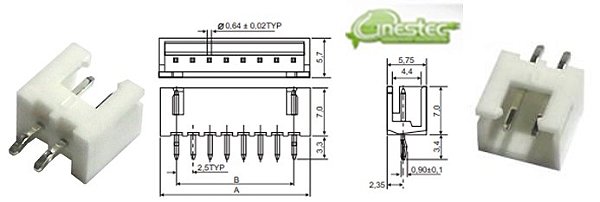 CONECTOR MACHO JST B2B 2,54MM 2 PINOS 180 graus PEMC1-02
