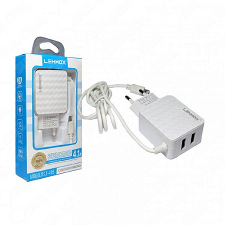 FONTE CARREGADOR 2x USB 4,1A + CABO MICRO USB EMBUTIDO - LE-496MICRO