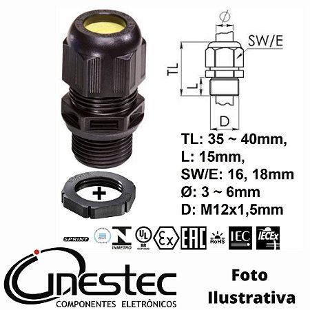 PRENSA CABO COM CONTRA PORCA EX EB - PA6 M12x1,5 - ROSCA LONGA - PR