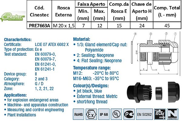 PRENSA CABO S-TEC ATEX PA6  AZUL M20 X 1,5 - ROSCA LONGA - ANEL DE VED