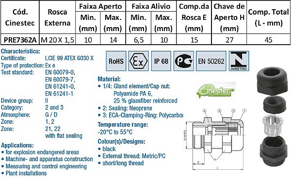 PRENSA CABO WADE-TEC EXE ATEX PA6  M20 X 1,5 - ROSCA LONGA