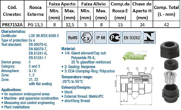 PRENSA CABO WADE-TEC EXE ATEX PA6 PG 13,5 - ROSCA LONGA