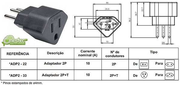 ADAPTADOR FEMEA 2P T PARA 3P PADRAO  ADP2-33 - 10A - PRETO