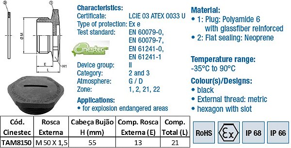 TAMPAO HEXAGONAL EXE PA6 PRETO M50 X 1,5