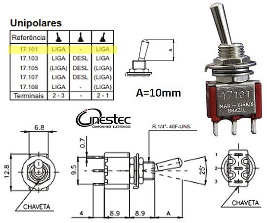 CHAVE ALAVANCA MG 3T 2P  UNIPOLAR  3A  120V  OU 1A / 250V  17101