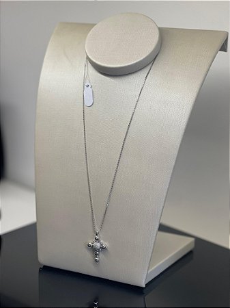 Colar Cruz em Ródio Branco com Zircônias/ Semijoia