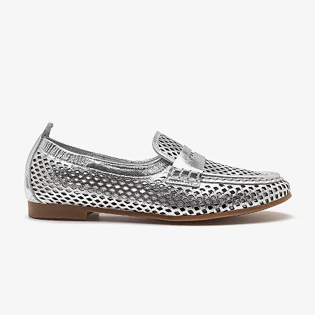 Mocassim Feminino Flora Couro Prata/ Democrata