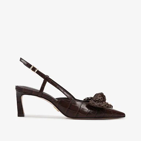 Slingback Ráfia Marrom/ Couro Crocco/ Bico Fino/ Salto Baixo/ Jorge Bischoff