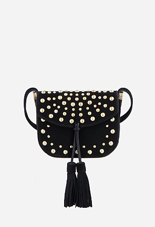 Bolsa Pequena em Camurça/ Preto/ Com Tachas e Franjas/ Luiza Barcelos