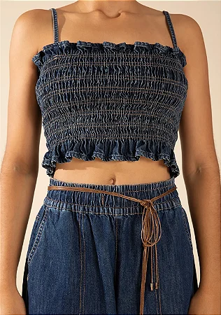 Top Decote Reto Alça/ Azul Jeans/ Morena Rosa