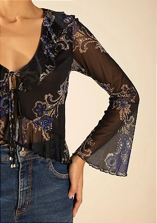 Blusa Ajustada com Decote / Manga Longa Padrão Preto/ Morena Rosa