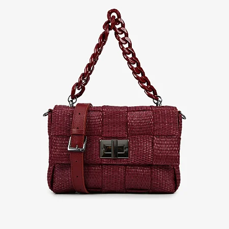 Bolsa Transversal Vinho Cabernet Ráfia Alça Couro/ Jorge Bischoff