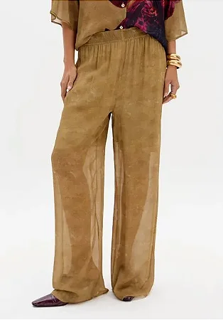 Calça Wide Leg Estampada Cintura Alta