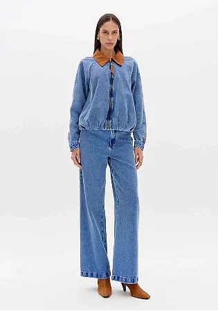 Calça Jeans Wide Leg Com Bolsos/ Lança Perfume